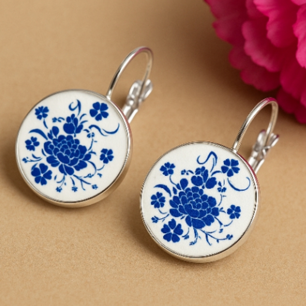 Blue flower porcelain earrings